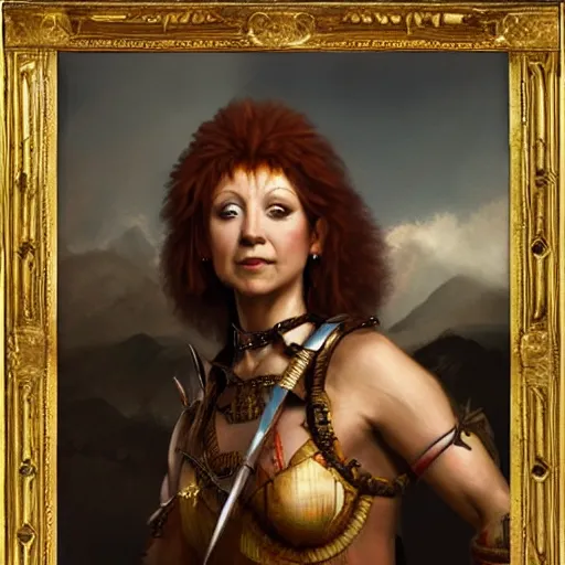 Prompt: the portrait of bonnie langford as an amazon warrior queen by roberto ferri, fantasy, witcher, very detailed oil painting, masterpiece, 8 k, full face