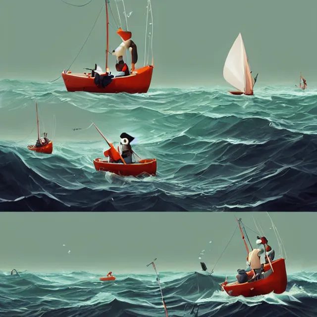 Prompt: Some fishermen struggling not to sink in a small sailboat in the middle of the furious raging ocean, ilustration art by Goro Fujita