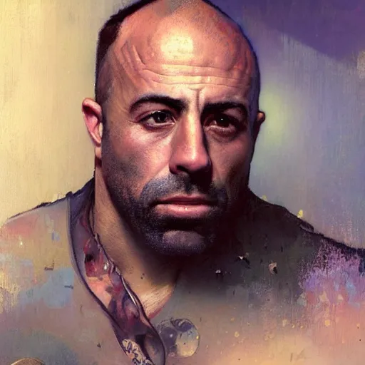 Image similar to hyperrealist portrait of joe rogan by jeremy mann and alphonse mucha, fantasy art, photo realistic, dynamic lighting, artstation, poster, volumetric lighting, very detailed faces, award winning