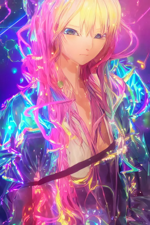 Prompt: portrait of an 3d anime character with cute sparkly eyes wearing a psychedelic holographic hoodie long hair with pastel colors in the style of code vein by Kurumi Kobayashi Koichi Itakura, 3d anime, octane render, dynamic dramatic lighting with glitch and chromatic abbreviations artstation cgsociety imaginefx by anime concept artist rendered in unreal engine by WENJR WLOP artgerm