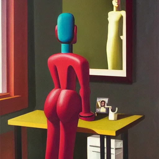Image similar to robot looking into a mirror and the reflection is human, grant wood, pj crook, edward hopper, oil on canvas