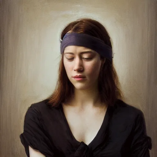 Prompt: a masterpiece portrait photo of a blindfold beautiful young woman who looks like elizabeth winstead, symmetrical face, painting