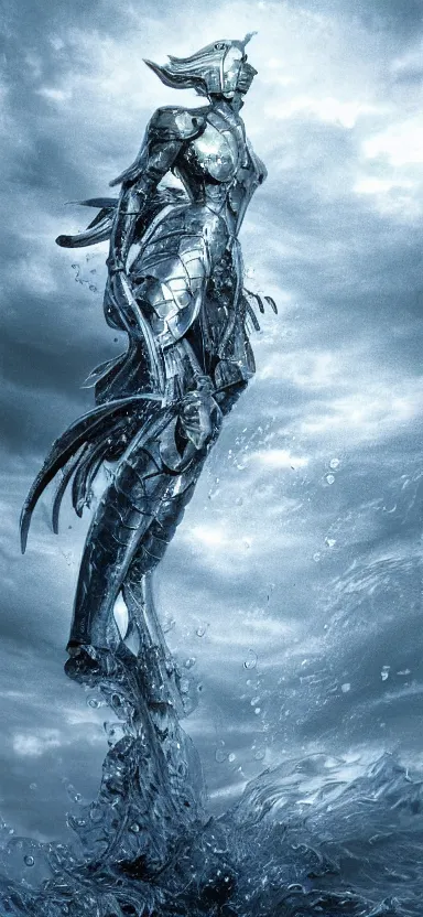 Image similar to suit of armor, made of water, made of liquid, rising up from ocean, water armor, high detail, high contrast, medium close up portrait, studio lighting, stormy seas, beautiful, bokeh, snowy, storm clouds, god rays, d & d, fantasy, elegant, aquamarine color palette, concept art, greg rutkowski and alphonse mucha