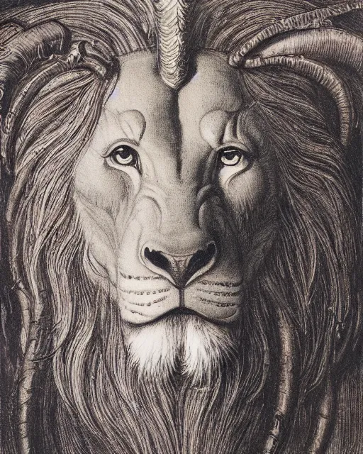 Image similar to a creature with the body and eyes of a man, with the beak of an eagle, the mane of a lion, and the horns of an ox. drawn by jean delville