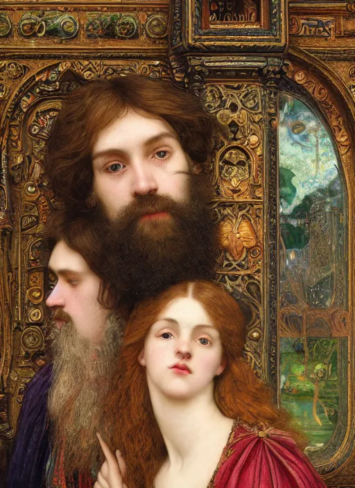 Prompt: detailed colourful masterpiece of intricate preraphaelite photography couple portrait sat down extreme closeup, love, inside a crowded underwater train, man with long beard and glasses, woman with large lips eyes, detailed realistic expressions, wearing unusual clothes, by ford madox brown and william powell frith and frederic leighton and john william waterhouse and greg hildebrandt and william morris, ultra wide angle