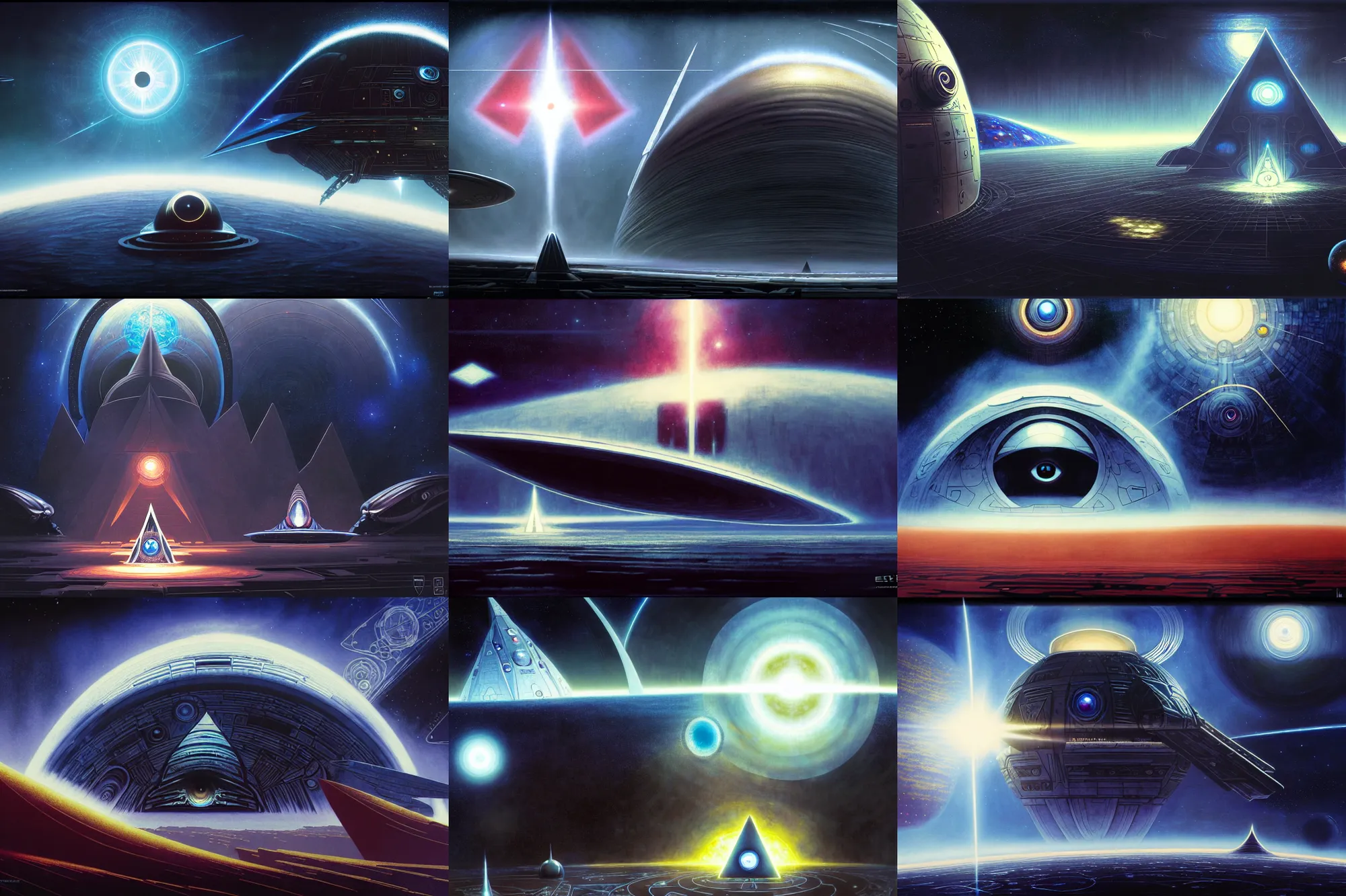 Prompt: all seeing eye, concept art, exterior illustration of a starship travelin, cinematic, dynamic composition, jean giraud, sparth, craig mullins, gustav klimt, warhammer 4 0 k, nebula, buddhist architecture, omni magazine, dieter rams, mecha, rule of thirds, zaha hadid, foreboding, mysticism, alphonse mucha, detailed