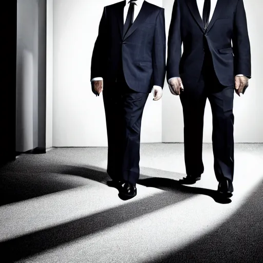 Image similar to blues brothers walking towards camera with white background. wearing suits. strong shadows. high contrast. serious look. carrying a pistol