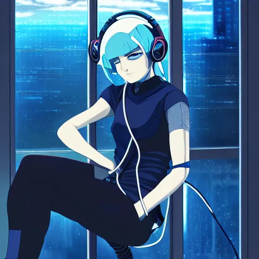 Image similar to cyborg - girl with silver hair, wearing headphones, and sitting on a window sill, highly detailed, painting, dark blue and black color palette, intricate, high quality anime artstyle, in the style of makoto shinkai