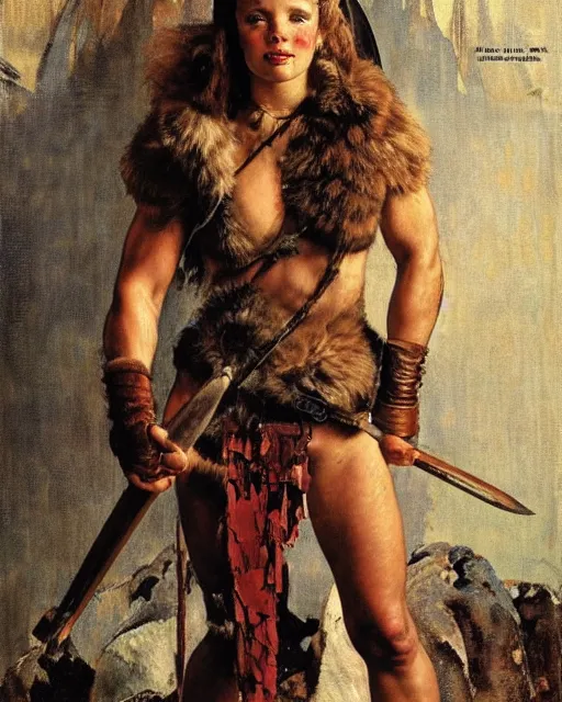 Prompt: portrait of a beautiful savage muscular barbarian female with light leather armor, by norman rockwell