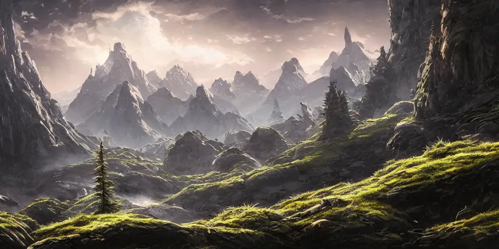 Image similar to an alien world landscape mountains Forest, art station, landscape, concept art, illustration, highly detailed artwork cinematic, hyper realistic painting