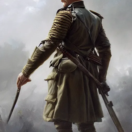 Image similar to a dramatic epic ethereal portrait of a WWI general, full body with dynamic pose, male, detailed face, cinematic lighting, highly detailed oil on canvas painting by Greg Rutkowski, winning-award digital art trending on Artstation H 1024 W 832