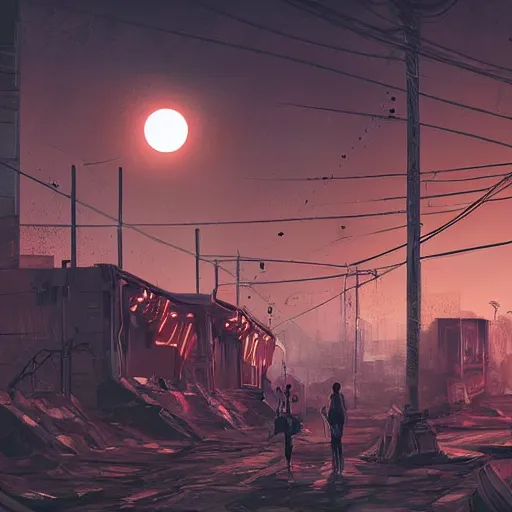 Image similar to digital art, trending on artstation, a post apocalyptic world ruled by rusty machines under a full moon in a gigantic city full of neon lights and machines acting like humans, these being the vast majority of the population.