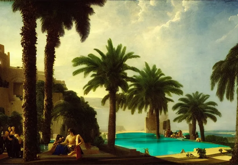 Image similar to The highest palace ever made, thunderstorm, greek pool, beach and palm trees on the background major arcana sky, by paul delaroche, hyperrealistic 4k uhd, award-winning very detailed