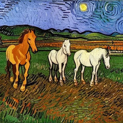 Image similar to horses standing in a field in the moonlight, award winning painting by Vincent van gogh, highly detailed, masterpiece