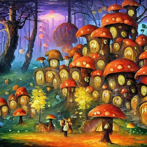 Prompt: forest village with mushroom houses, glowing fungi, art by james christensen, rob gonsalves, paul lehr, leonid afremov and tim white