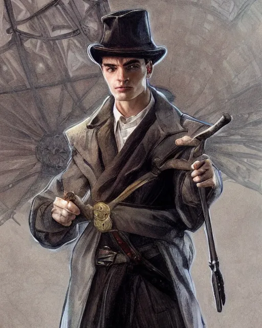 Prompt: ''portrait of kaz brekker from six of crows with a hat holding a staff, lol, fantasy, d & d, digital painting, artstation, concept art, sharp focus, illustration, art by greg rutkowski and alphonse mucha''