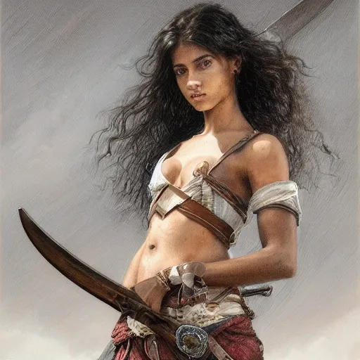 Image similar to artstation concept of a beautiful girl holding a sword in both hands, brown skin, sweaty skin, symmetrical face, casual white garment, brown canyon background, shiny colorful, hyperdetailed, artstation trending, world renowned artists, worth1000.com, historic artworks society, antique renewel, cgsociety, by greg rutkowski, by Gustave Dore, Deviantart