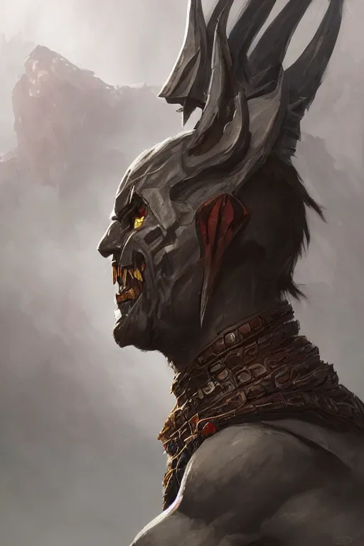 Prompt: dungeons and dragons evil warrior demon character side profile portrait, dramatic light, dungeon background, 2 0 0 mm focal length, painted by stanley lau, painted by greg rutkowski, painted by stanley artgerm, digital art, trending on artstation