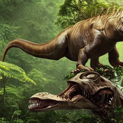 Prompt: a t-rex with a man on his back riding in a jungle, highly detailed, photorealistic, trending on national geographic