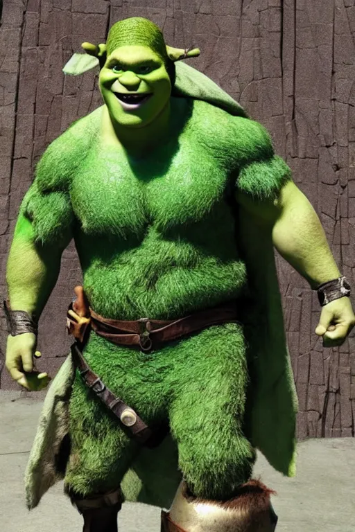 Image similar to Chris Pratt as Shrek in live action adaptation, green skin, set photograph in costume, cosplay