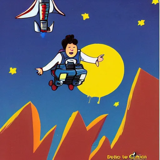 Image similar to a man flying with a jetpack in the style of a children's book