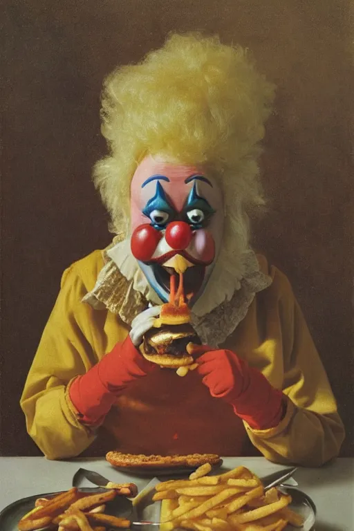 Prompt: clown eating a hamburger, dutch master