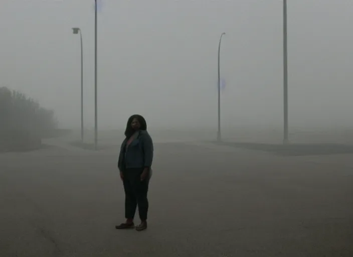 Image similar to cinematic screenshot high wide angle shot of octavia spencer standing outside in a foggy desolate eerie department store empty parking lot, one car, paranoia everywhere, scene from the tense psychological thriller film directed by spike jonze, volumetric hazy lighting, anamorphic lens, moody cinematography, 3 5 mm kodak color ektochrome