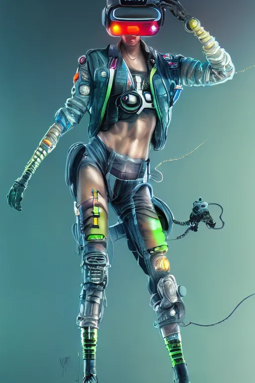 Image similar to a full body illustration of an asian female cyberpunk character wearing VR goggle implants, symmetrical detailed legs, oil on canvas, soft lighting, neon pastel colors, by WLOP and Greg Staples, HD, 4K