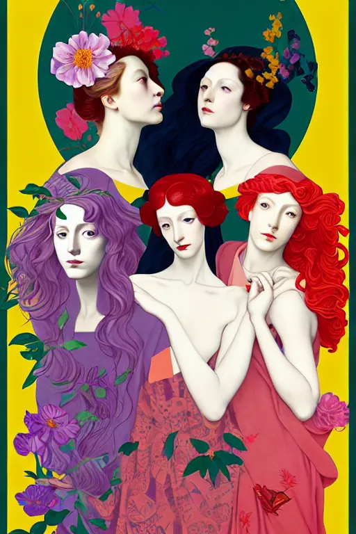 Image similar to 3 Spring Muses symbolically representing March, April, and May, in a style blending Æon Flux, Peter Chung, Shepard Fairey, Botticelli, Ivan Bolivian, and John Singer Sargent, inspired by pre-raphaelite paintings, shoujo manga, and cool Japanese street fashion, dramatically blossoming flora and fauna, petals falling everywhere, pastel vivid triad colors, hyper detailed, super fine inking lines, ethereal and otherworldly, 4K extremely photorealistic, Arnold render