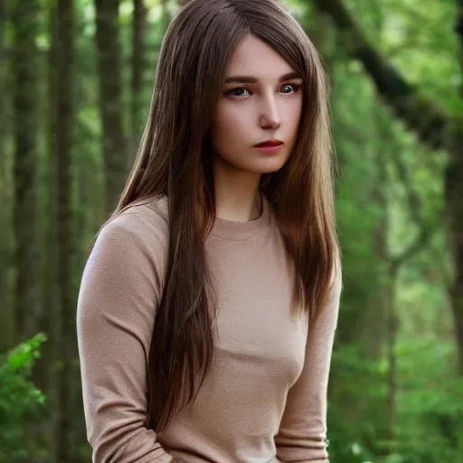 Image similar to real life photo of a beautiful girl, full body photoshoot, long brown hair, brown eyes, full round face, short smile, long sleeved belly free brown shirt, forest setting, cinematic lightning, medium shot, mid - shot, highly detailed, trending on artstation, unreal engine 4 k, 8 0 mm, 8 5 mm, cinematic wallpaper