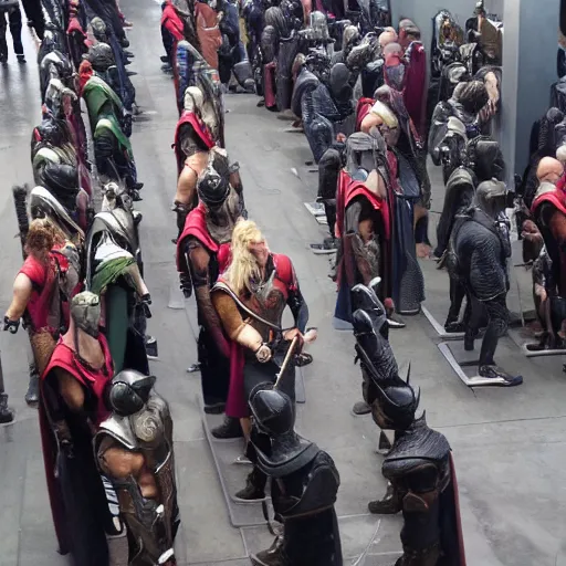 Image similar to A line queue of Thor. Thor is waiting in the line. he is in the middle of the line.