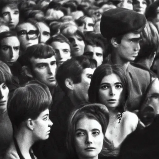 Image similar to still from a masterpiece 1 9 6 0 s french art film, very beautiful and elegant girl in beret with large eyebrows sits in the far background with an angry expression, moody lighting, viewed from afar, cinematic shot, the camera is focused on a crowd of people