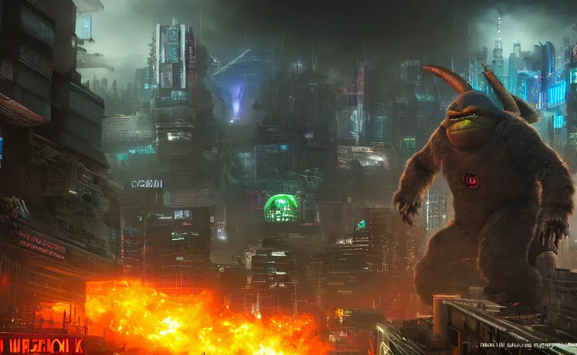 Image similar to cyberpunk godzilla yoda donkey kong pikachu yeti shrek super robot homer groot waluigi darth vader mike wazowski, highly detailed, extremely high quality, hd, 4 k, 8 k, professional photographer, 4 0 mp, lifelike, top - rated, award winning, cinematic, realistic, detailed lighting, detailed shadows, sharp, no blur, edited, corrected, trending