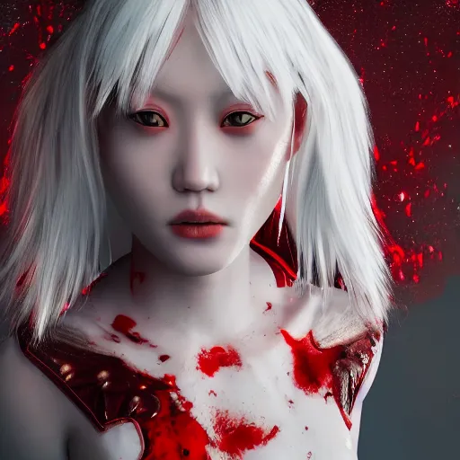 Image similar to beautiful albino Asian girl armor covered in blood, unreal engine octane, red and white, portrait, gliter, depth of field, 8k, hyper detailed