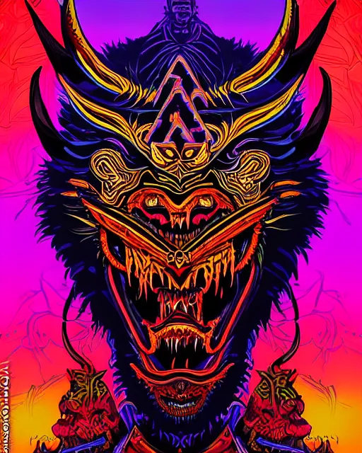 Image similar to barong family member, wiwek, mara demon, one single tribe member, jungle, one single mask, dark, ancient warrior, rich deep vivid colors, neon colors, inner glow, art by dan mumford and justin gerard