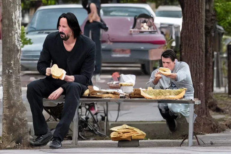 Image similar to Keanu Reeves eating a sandwich while sitting on a bench, in the style of Gregory Crewdson