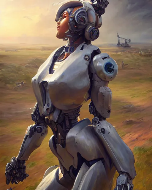 Prompt: daniel gerhartz and artgerm full portrait digital rococo painting of a beautiful serious woman wearing a mecha suit, war torn battlefield in the background, glinting sunlight, unreal engine, hyper realism, realistic shading, cinematic composition, blender render, octane render, hdr, detailed textures, photorealistic, wide shot, 3 5 mm film