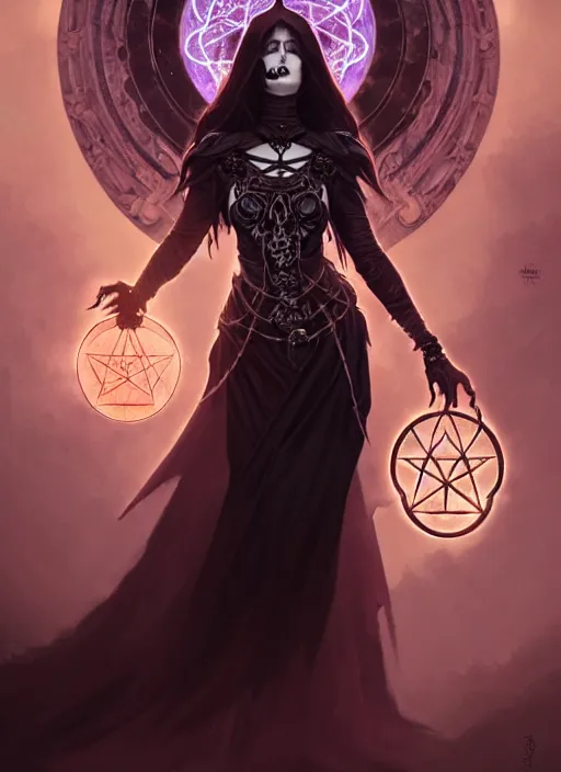 Image similar to Necromancer Sorceress goddess of death, background fantasy pentagram sorceress magic, undercut hairstyle, dark light night, intricate, elegant, sharp focus, illustration, highly detailed, digital painting, concept art, matte, art by WLOP and Artgerm and Greg Rutkowski and Alphonse Mucha, masterpiece