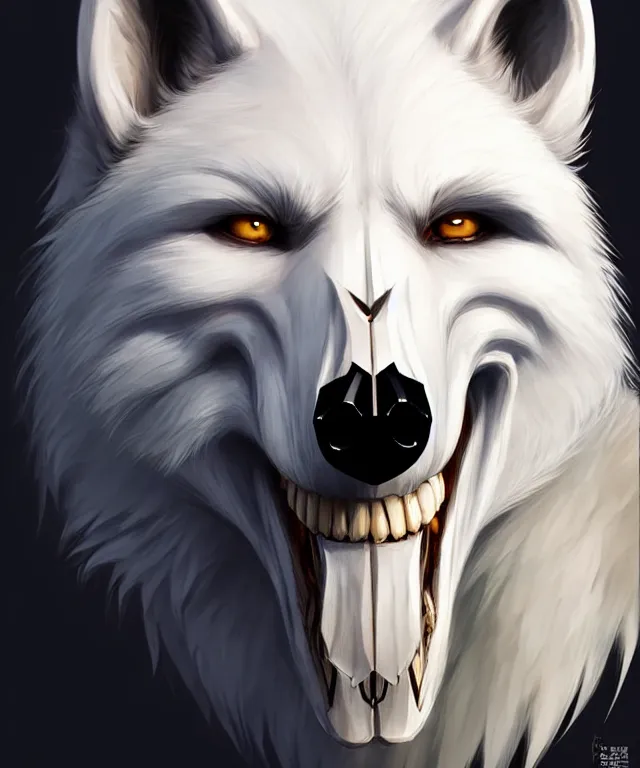 Image similar to male anthropomorphic white wolf skull furry, cute - fine - face, pretty face, key visual, realistic shaded perfect face, fine details by stanley artgerm lau, wlop, rossdraws, james jean, andrei riabovitchev, marc simonetti, and sakimichan, trending on artstation