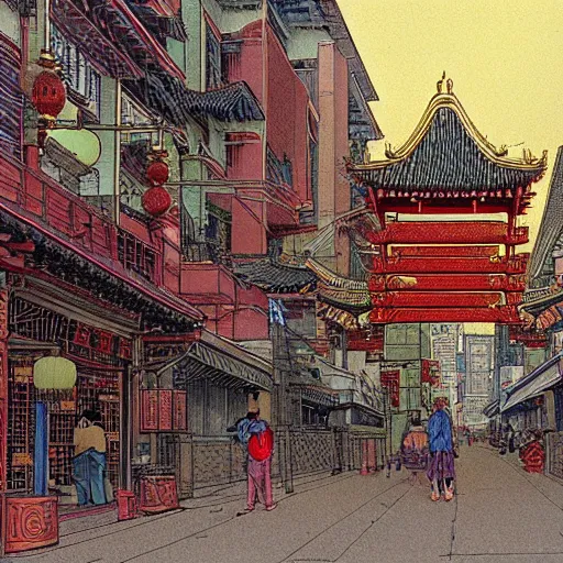 Prompt: a street in chinatown, by moebius