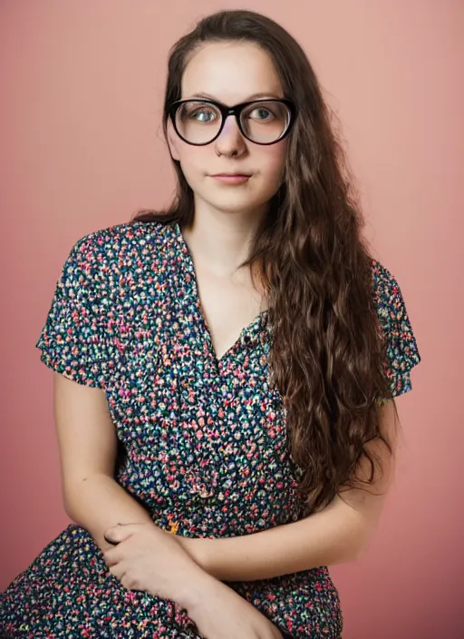 Prompt: portrait of a 2 5 year old woman, symmetrical face, dark wavey hair, friendly glasses, floral background, she has the beautiful calm face of her mother, slightly smiling, ambient light
