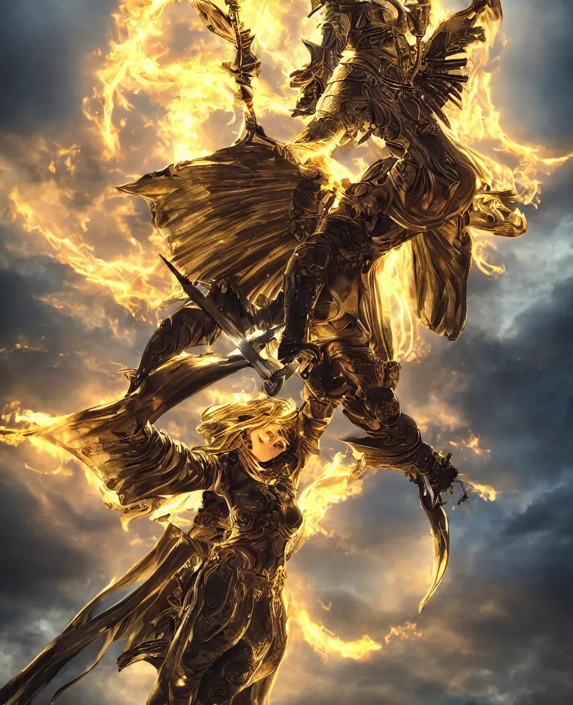 Prompt: A fiercely beautiful woman in golden angelic battle armor wielding a flaming sword, among heavenly clouds, medium shot, mid-shot, waist shot, cinematic, epic, 4k, stylized, realism