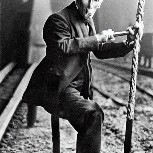 Image similar to vintage photograph of count orlok swinging a hammer over his head, working on the railroad