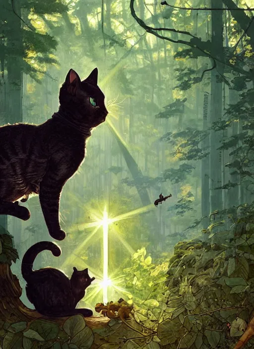 Image similar to a hyper realistic ink cat alien technology and sunbeams blue sky, lush forest foliage painting by chiara bautista and norman rockwell and greg rutkowski weta studio, and lucasfilm