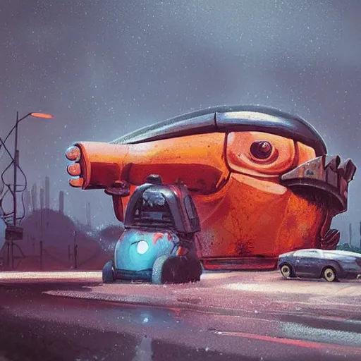 Prompt: giant rust robot penguin destroyed in a middle of road, in rainy night, the photo as taken inside of car, concept art by simon stalenhag