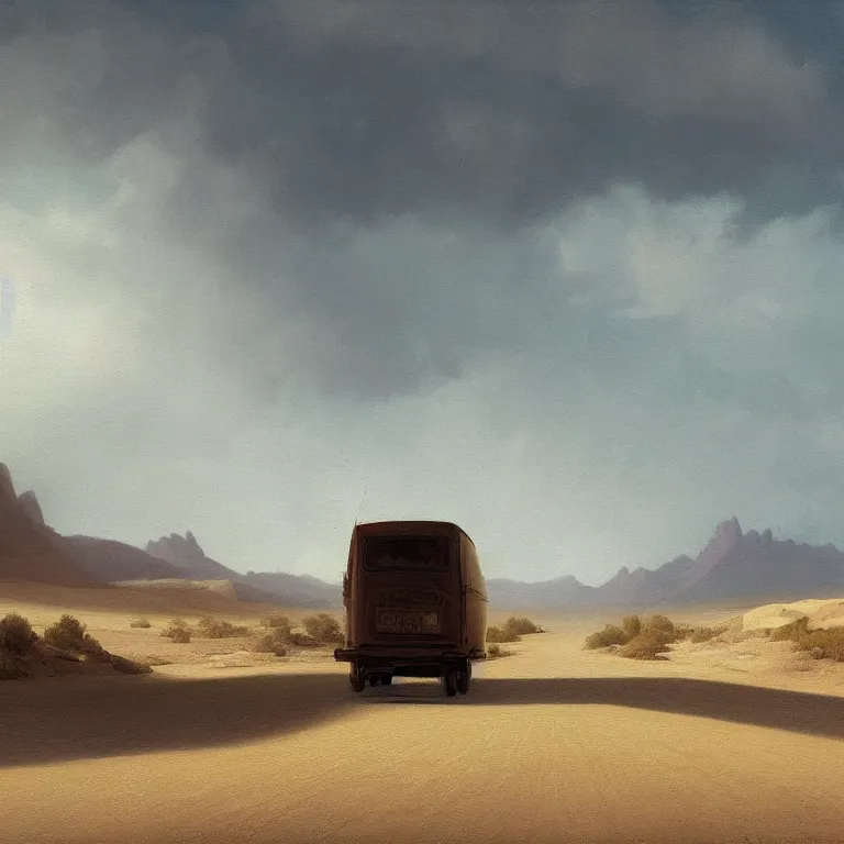 Image similar to a beautiful painting of a lone van driving into the distance on a deserted desert highway by carl gustav carus, highly detailed, concept art, cinematic lighting, high noon