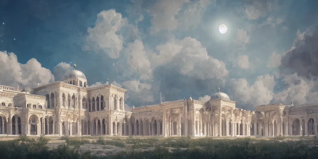 Image similar to beautiful digital illustration of a shining silver Byzantine palace in the sky, fluffy pastel clouds, architecture, concept art, deviantArt, artsation, artstation HQ, HD, 16k resolution, octane, finalRender, Unreal Engine