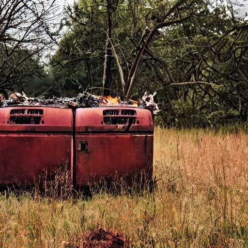 Prompt: in a dried out field, rusted washing machine with flames and smoke