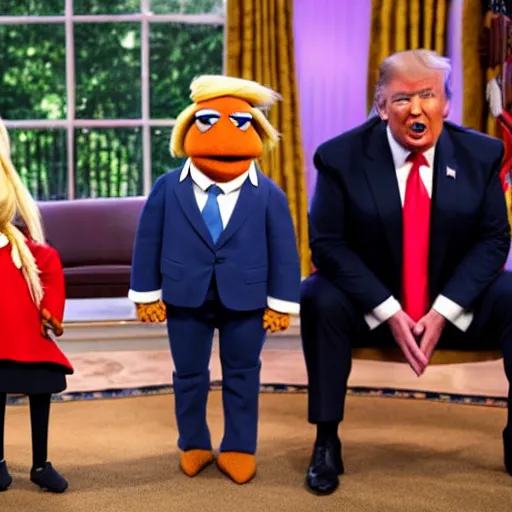 Prompt: donald trump and greta thunberg in the muppets show