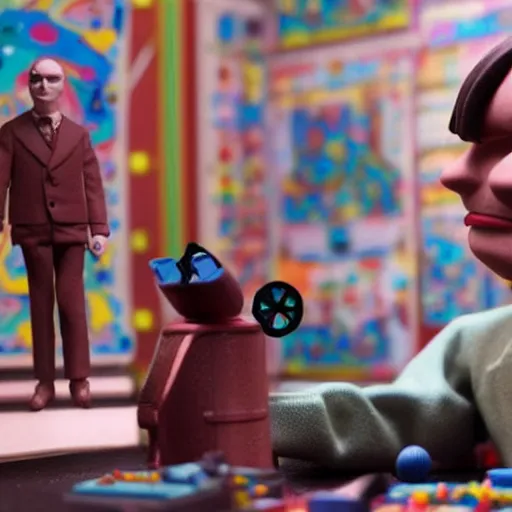 Image similar to stereoscopic image of alan turing discovering lsd, stop motion vinyl action figure, plastic, toy, butcher billy style